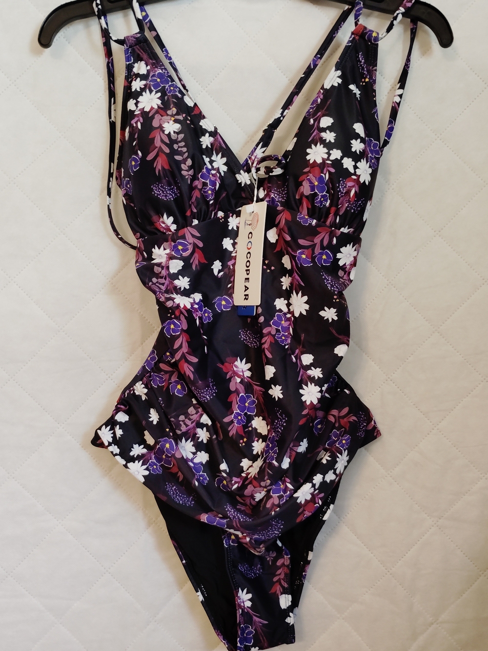 Cocopear Floral Black & Purple Women's One-Piece Swim Bodysuit Size Medium NWT